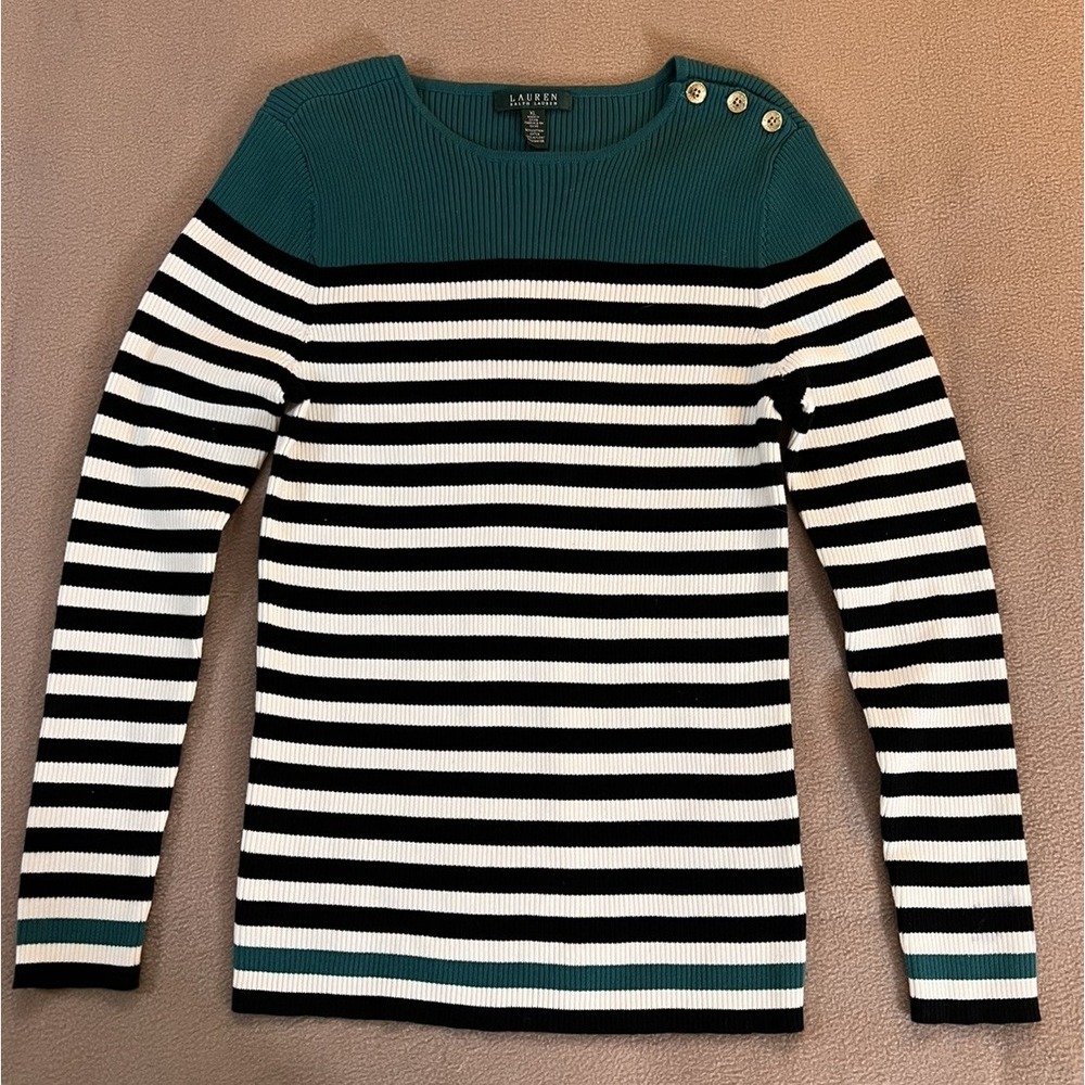 Ralph Lauren Sweater Womens XL Ribbed Striped Knit Green Black Crewneck Pullover